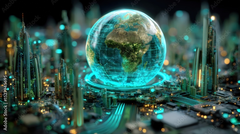 Fototapeta premium A futuristic digital globe hovers above a high-tech cityscape illuminated with neon blue and gold lights, blending technology with global connectivity.