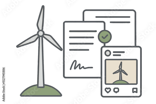 Wind turbine icon with contract and social media post about green energy