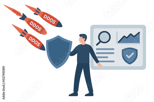 Man defending against ddos attacks with shield and security monitoring, cartoon vector illustration