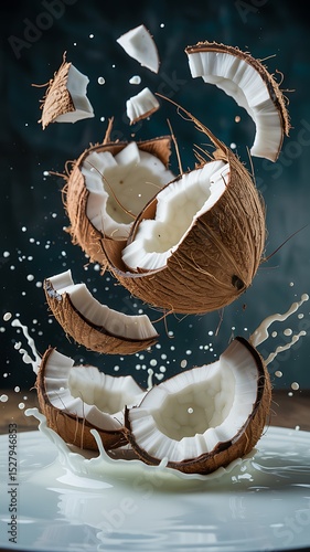 Exploding coconut in milk splash