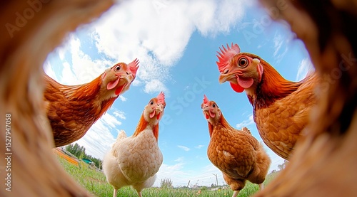 Group of hens and chicks looking down at camera, with fisheye lens effect, against blue sky and grass on the ground. Original banner for farming services