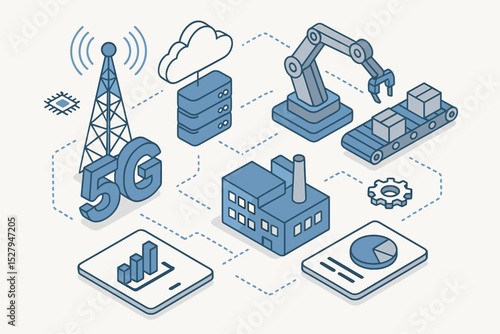 5G smart manufacturing isometric vector concept. Industry 4.0 infographic with factory automation, robotic arm, conveyor belt, cloud server. Industrial IoT network, data analytics.
