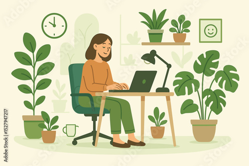 Woman working on a laptop in a green office with plants. Biophilic design concept for freelance remote work, productivity, and mental well-being. Calm workplace illustration.