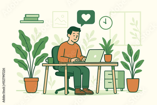 Biophilic design office with man at desk working on laptop. Remote work and freelancer lifestyle concept. Serene workspace with plants for productivity and mental well-being vector.