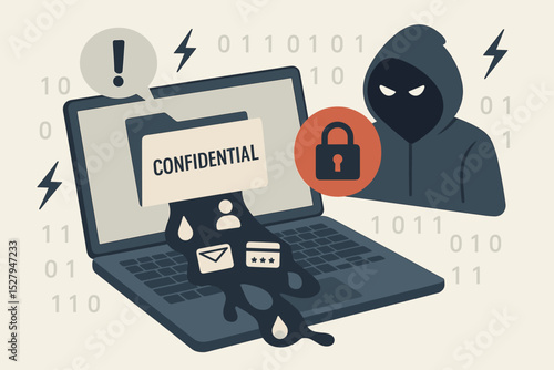 Cyber attack and data breach concept. Hacker stealing confidential information from laptop. Cybersecurity threat, phishing, identity theft, privacy violation and online fraud.