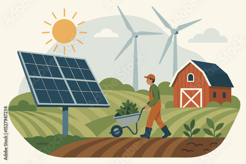 Renewable energy in agriculture. Farmer working on a sustainable farm with solar panels and wind turbines. Green power, eco-friendly technology, and smart farming vector concept.