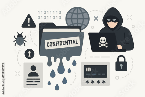 Hacker stealing confidential data from computer. Cybercrime concept illustration with data breach, phishing, and malware. Internet security threat, identity theft, financial fraud.