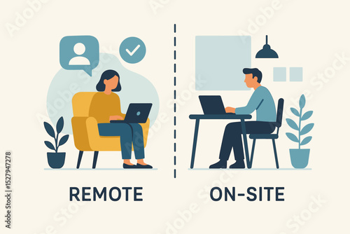 Hybrid work model illustration comparing remote work from home and on-site office job. Concept of flexible workplace, employee choice and new corporate work policy. Vector banner.