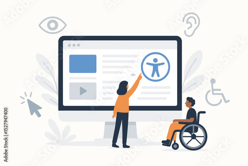 Web accessibility concept with diverse people. Designer creating inclusive UI for user in wheelchair. Website development for disabled persons. Digital inclusion and accessibility.