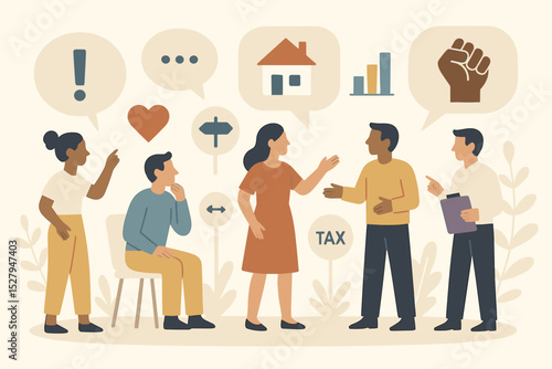 Public forum vector of diverse people in a community meeting. Citizens discussing social issues, politics, tax, housing, protest. Concept of civic engagement and democracy.