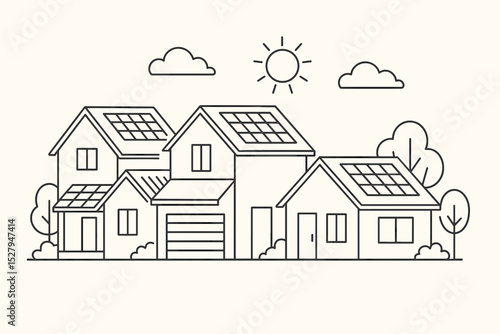 Solar powered homes with panels on the roof line art illustration. Renewable energy concept for a sustainable community. Eco-friendly green technology for residential houses vector.