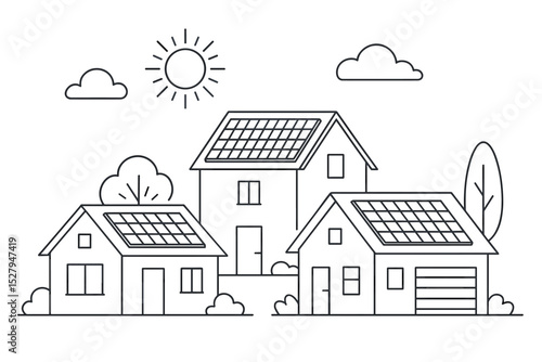 Solar powered homes illustration with panels on the roof. Renewable energy concept for residential houses. Eco friendly, sustainable living and green technology line art vector.