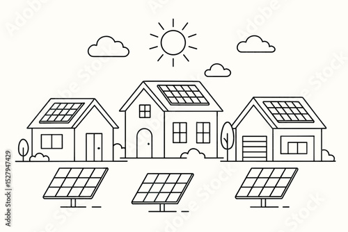 Vector line art of solar powered homes with panels on the roof. Concept illustration of renewable green energy, sustainability, eco-friendly living, and clean electricity generation.