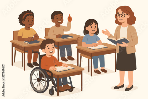 Diverse classroom illustration. Female teacher with multiethnic students, including a boy with a disability in a wheelchair. Concept for inclusive education, equality, and learning.