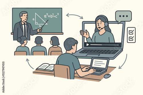 Blended learning vector concept. Hybrid education model combining online distance learning on a laptop and traditional classroom teaching. Student with virtual tutor and school teacher.