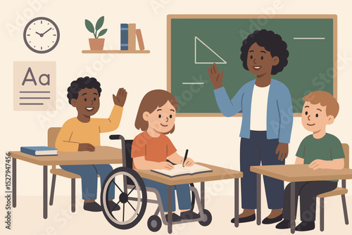 Inclusive education concept with diverse students and teacher in classroom. Girl with disability in wheelchair. Multicultural school lesson. Vector illustration of equality and diversity.