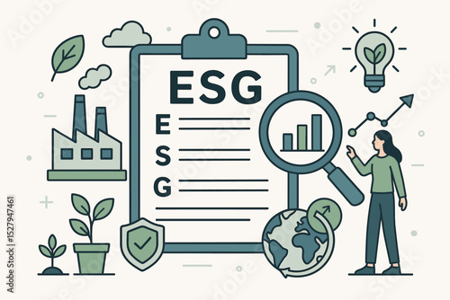 ESG concept illustration. Environmental, Social, and Governance criteria for corporate sustainability. Responsible business metrics, sustainable investment, and ethical company strategy.