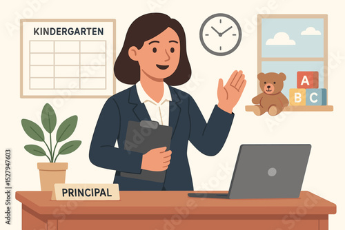 Friendly female school principal sitting at her office desk in a kindergarten. Professional woman administrator character illustration. Concept for education, leadership, back to school.