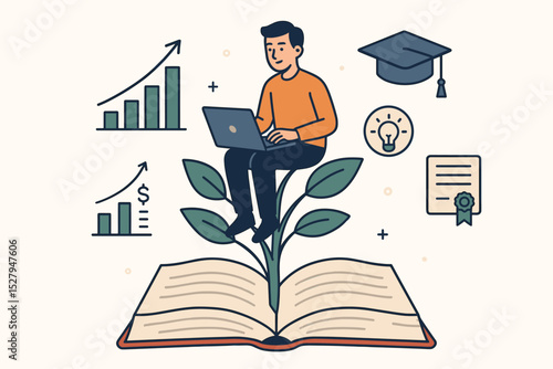 Education and career growth concept with man on plant growing from book. Metaphor for investment in knowledge, personal development, e-learning, graduation, and financial success.