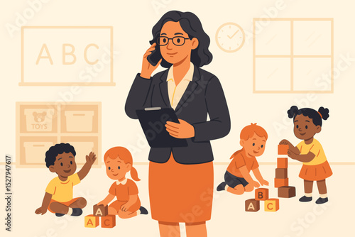 Kindergarten principal supervising children. Daycare director managing a classroom. Preschool teacher watching diverse kids play. Early childhood education leadership vector illustration.