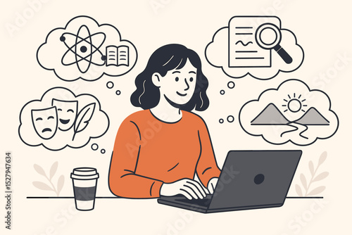Creative writing and research concept. Woman writer or student working on laptop with thought bubbles. Multitasking, online education, brainstorming ideas. Science, arts, travel, literature.