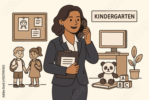 Female principal in kindergarten office. School administrator or director on the phone managing enrollment. New students, boy and girl, waiting. Early childhood education concept.