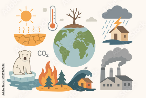 Climate change and global warming icon set. Environmental impact concepts like pollution, CO2 emissions, drought, flood, wildfire, and melting glaciers. Planet Earth crisis vector.