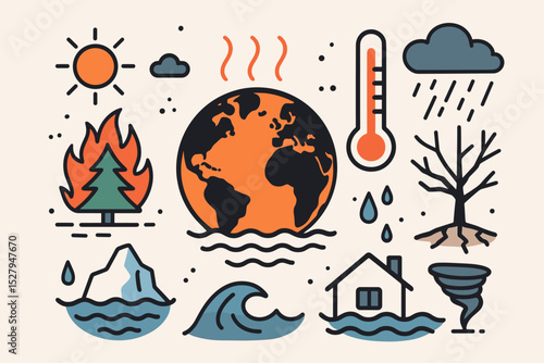Climate change icon set. Global warming concept with planet earth, wildfire, flood, drought, and storm. Vector illustration of environmental disaster and weather symbols.