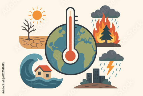 Climate change concept vector illustration. Global warming awareness. Planet Earth with thermometer showing high temperature. Natural disasters: flood, drought, wildfire, storm, tsunami.
