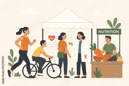 Active lifestyle concept for a community health fair. Vector illustration of people exercising, a woman running and a boy cycling. Doctor gives medical advice and a nutrition stall sells fruit.