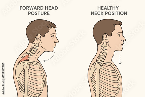 Forward head posture vs healthy neck position. Medical illustration showing text neck, a bad posture problem. Correct spine alignment for health, ergonomic and chiropractic concepts.