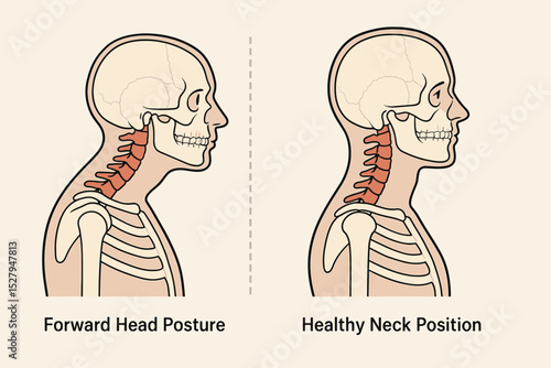 Forward Head Posture vs Healthy Neck Position. Comparison of good and bad spine alignment. Medical vector illustration of text neck concept, kyphosis, and cervical anatomy.