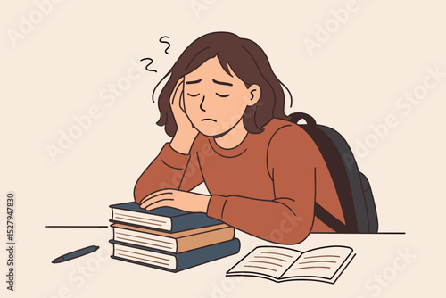 Exhausted tired female student sleeping at her desk with books. Overworked sad girl suffering from stress and burnout before an exam. Education fatigue and mental health concept.