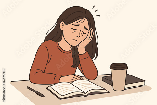Tired student feeling exhausted from studying. Young woman with burnout from education and exam preparation. Concept of mental health, academic stress, fatigue, and overload.