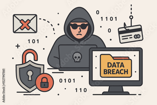 Hacker at computer, cybersecurity threat concept. Vector illustration of data breach, phishing, internet crime, and malware. Digital security, privacy protection, and network safety.