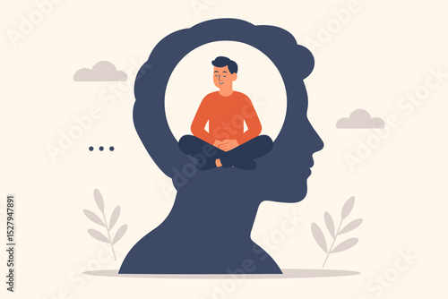 Mental health concept. Man meditating in lotus pose inside a head silhouette. Mindfulness, inner peace, self-awareness, psychology. Calm mind, emotional balance and harmony.