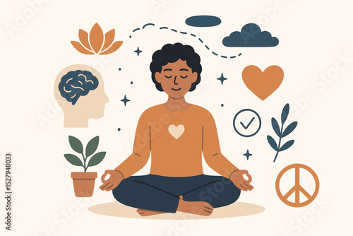 Mental health and mindfulness concept. Person meditating in lotus pose for inner peace, harmony and serenity. Self-care, psychology and emotional balance vector illustration.