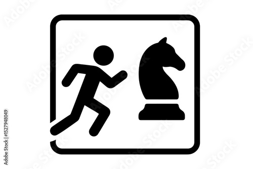 Man running from Knight chess piece vector icon, representing strategic retreat or avoiding direct confrontation, black silhouette