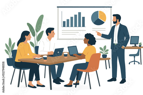 Business team meeting presentation with graphs on screen, workers sitting and listening to the manager explain data