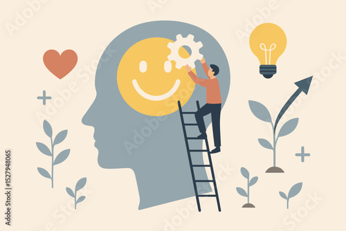Mental health and personal growth vector concept. Man on ladder adjusts gear on smiley face inside head. Self-improvement, positive psychology, mindfulness, development, wellness.