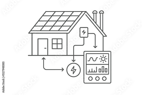 Line art depicting house with solar panels powering energy system and monitoring display