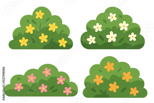 Cartoon Illustration of four Flowering Bushes with varying colors of Flowers
