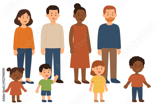 Diverse family vector illustration featuring adults and children of various ethnicities