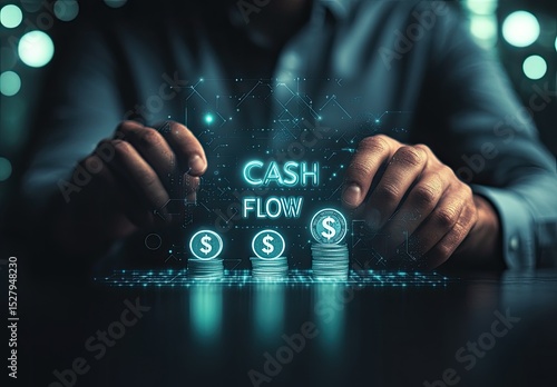 Hands manipulating a cash flow projection on a table