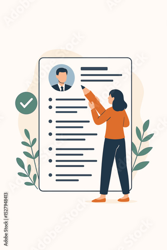 Woman with big pencil writing resume. Job seeker crafting a professional CV for an application. Human resources, recruitment, and hiring concept. Successful career and employment.