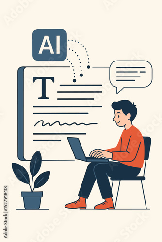 Man using AI writer on laptop for content creation. Artificial intelligence technology concept. Character typing for copywriting, authoring, and automated text generation vector.