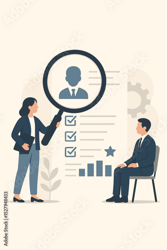 Job interview concept. HR manager with magnifying glass examining candidate resume. Recruitment agency hiring process. Human resources searching for new employee. Find talent concept.