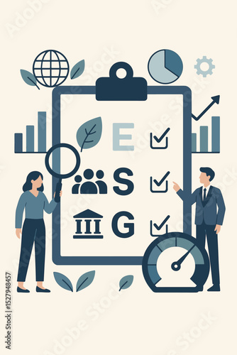 ESG concept vector. Environmental, social, governance checklist. Sustainable business strategy analysis. Corporate responsibility report and ethical investment criteria performance.