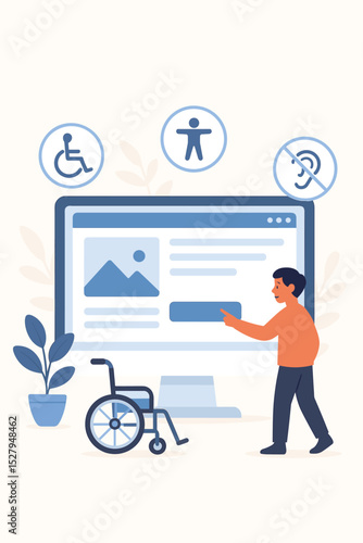 Web accessibility concept with inclusive design. Man with disability using an accessible website. Universal access, equality, and inclusion online. Technology empowerment vector.