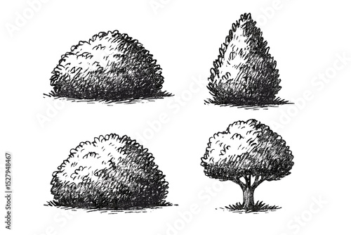 Four shrub and tree icons showing pen and ink style landscaping elements